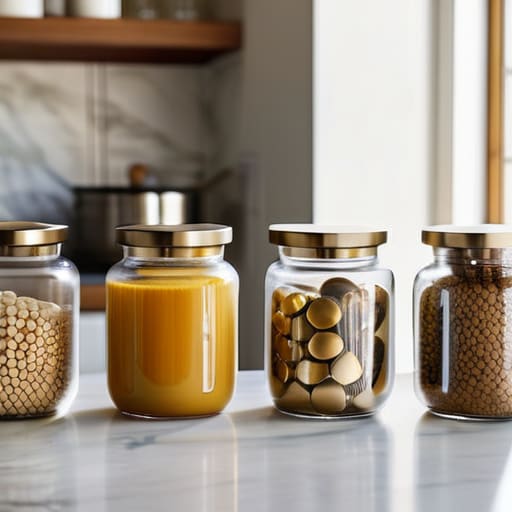 Upcycled Glass Jar Organizers in kitchen.