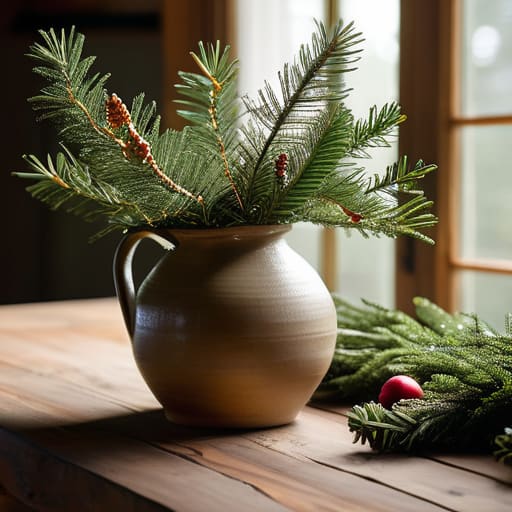 Minimalist evergreen branches in a stoneware vase.