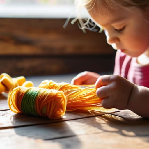 Child practicing pasta jewelry and stringing.