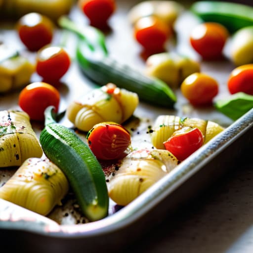 Roasted Sheet Pan Pesto Gnocchi with vegetables.