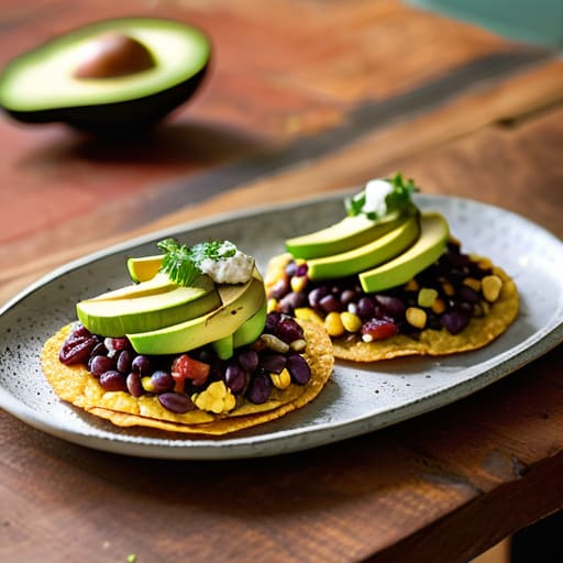 Black Bean and Avocado Tostadas with salsa.